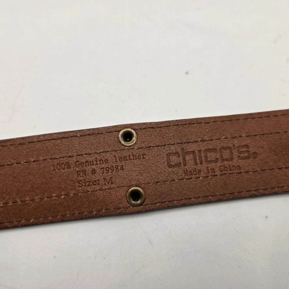 Chicos Brown Leather Metallic Snakeskin Print Belt Brass Buckle Size M RN 79984
